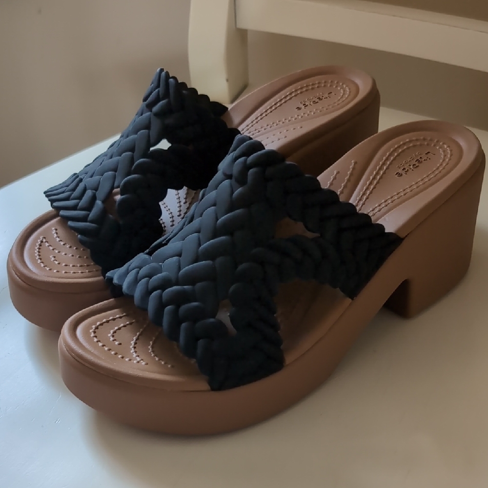 CROCS Women's Black Braided Strap Tan Platform Sandals
